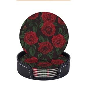 6 Pcs Leather Coasters for Drinks with Holder Blooming Red Roses Coaster Sets...